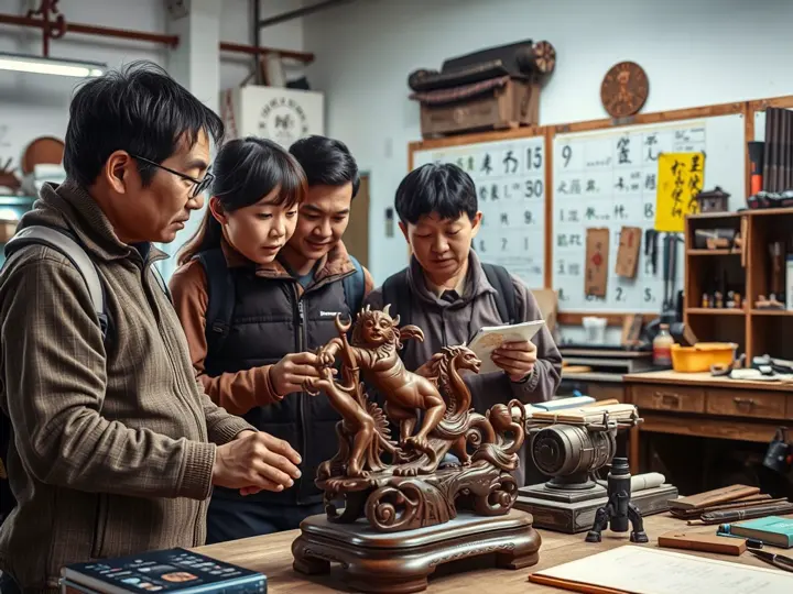 客户在木雕工坊参观