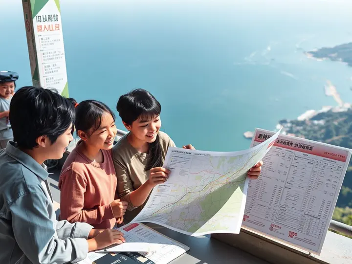 家庭游客在潮汕海滨观景台查看地图