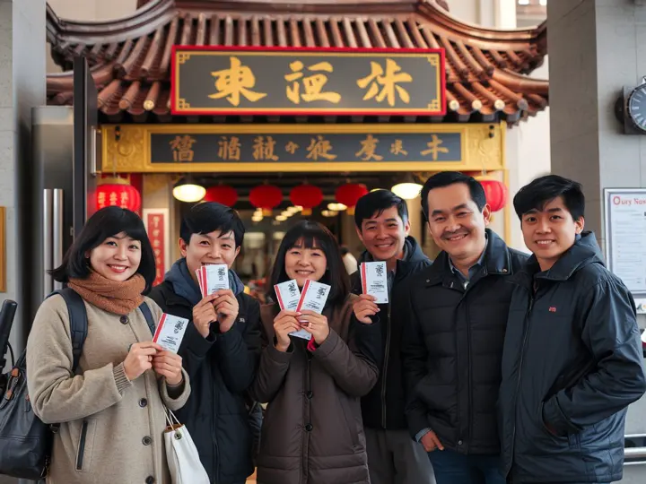 家庭游客在潮汕演出场馆前持票入场